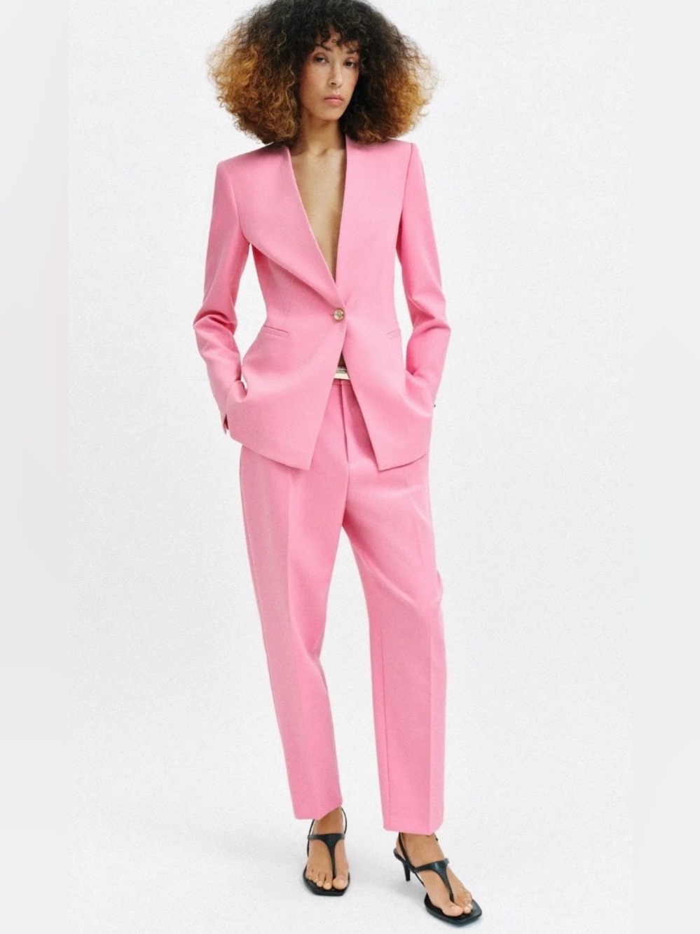 Zara NWT Pink High Waisted Tailored Straight Leg Trousers with Gold Belt
